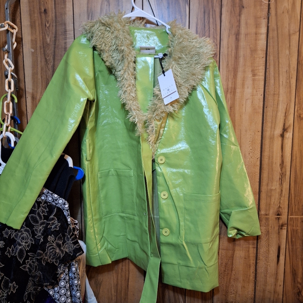 GREEN VEGAN LEATHER COAT WITH FAUX FUR FROM DOLLSKILL- SMALL
